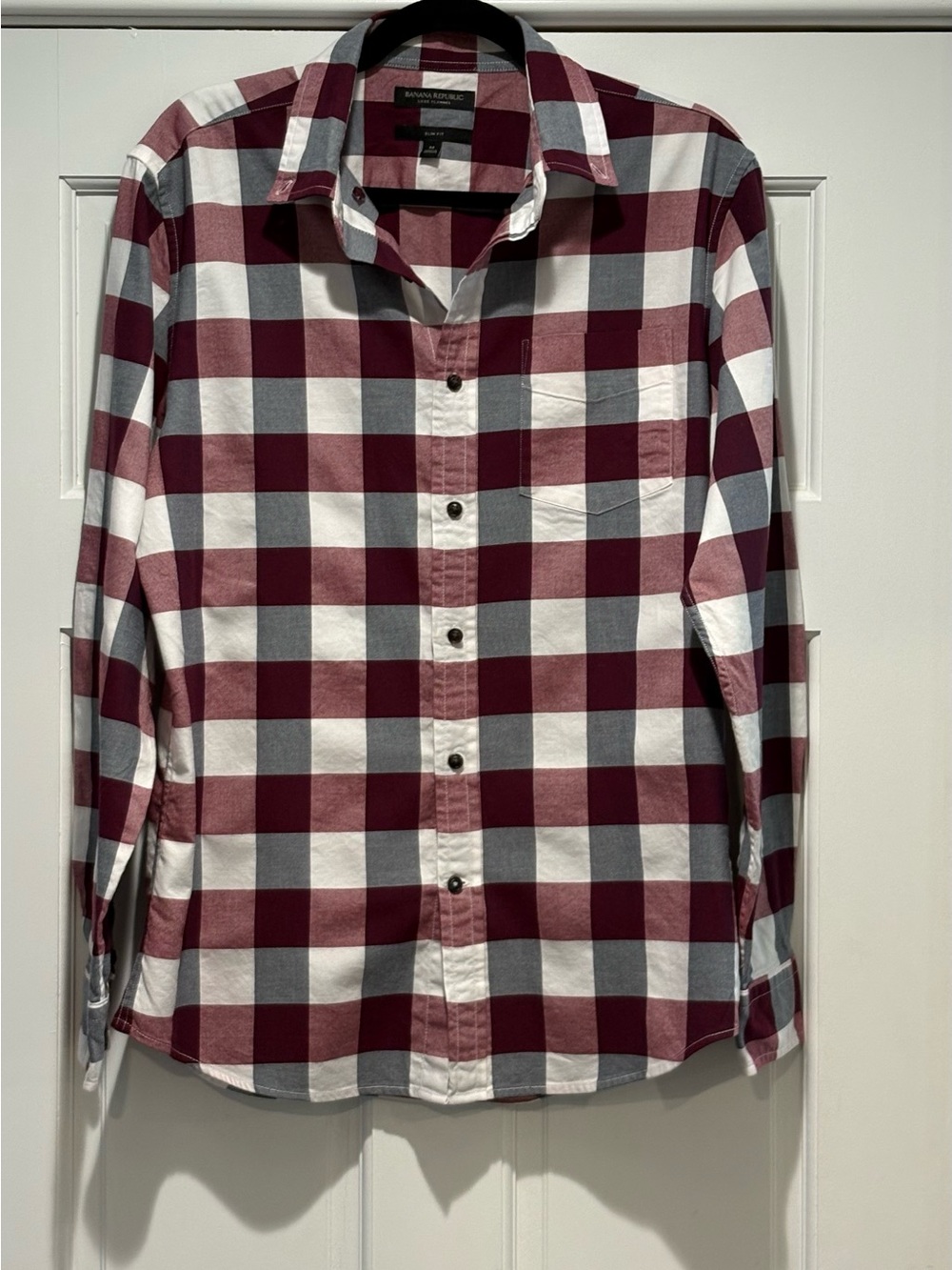 Banana Republic Mens MED SLIM FIT Burgundy& White Check Long Sleeve Button-Down